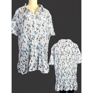 Only Necessities Blue Floral Butterfly Accordion Pleated Button Short Sleeve 2X